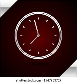 Silver line Clock icon isolated on dark red background. Time symbol.  Vector Illustration