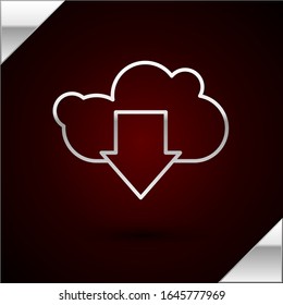 Silver line Cloud download icon isolated on dark red background.  Vector Illustration