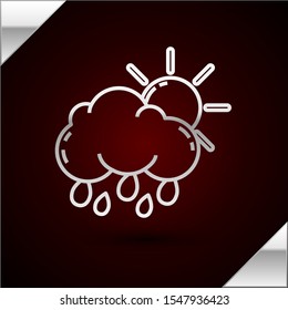 Silver line Cloud with rain and sun icon isolated on dark red background. Rain cloud precipitation with rain drops.  Vector Illustration