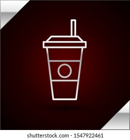 Silver line Coffee cup icon isolated on dark red background. Disposable coffee cup with hot coffee.  Vector Illustration