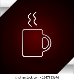 Silver line Coffee cup icon isolated on dark red background. Tea cup. Hot drink coffee.  Vector Illustration