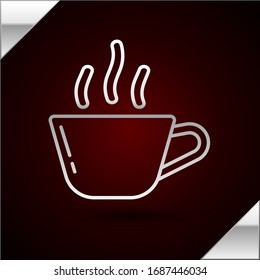 Icono de taza de café de línea plateada aislado sobre fondo rojo oscuro. Té. Café caliente. Ilustración vectorial