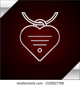Silver line Collar with name tag and heart icon isolated on dark red background. Simple supplies for domestic animal. Cat and dog care. Pet chains.  Vector Illustration