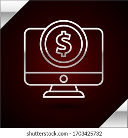 Silver line Computer monitor with dollar symbol icon isolated on dark red background. Online shopping concept. Earnings in the Internet, marketing.  Vector Illustration