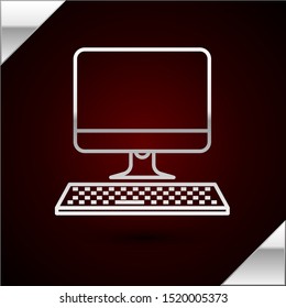 Silver line Computer monitor with keyboard icon isolated on dark red background. PC component sign. Vector Illustration Silver line Computer monitor with keyboard icon isolated on dark red background. PC component sign. Vector Illustration