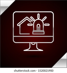 Silver line Computer monitor with smart house and alarm icon isolated on dark red background. Security system of smart home.  Vector Illustration