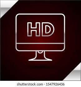 Silver line Computer PC monitor display with HD video technology icon isolated on dark red background.  Vector Illustration