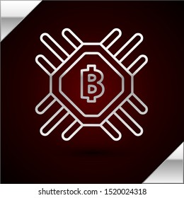 Silver line CPU mining farm icon isolated on dark red background. Bitcoin sign inside processor. Cryptocurrency mining community. Digital money.  Vector Illustration