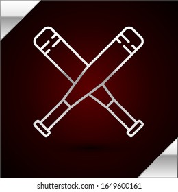 Silver line Crossed baseball bat icon isolated on dark red background.  Vector Illustration