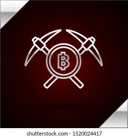 Silver line Crossed pickaxe icon isolated on dark red background. Blockchain technology, cryptocurrency mining, bitcoin, altcoins, digital money market.  Vector Illustration