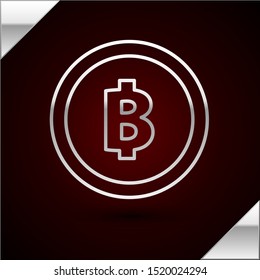 Silver line Cryptocurrency coin Bitcoin icon isolated on dark red background. Physical bit coin. Blockchain based secure crypto currency.  Vector Illustration