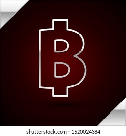 Silver line Cryptocurrency coin Bitcoin icon isolated on dark red background. Physical bit coin. Blockchain based secure crypto currency.  Vector Illustration