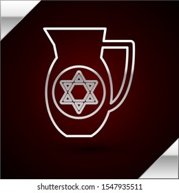 Silver line Decanter with star of david icon isolated on dark red background. Pottery jug. Organic product in carafe.  Vector Illustration