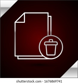 Silver line Delete file document icon isolated on dark red background. Paper sheet with recycle bin sign. Rejected document. Cross on paper.  Vector Illustration