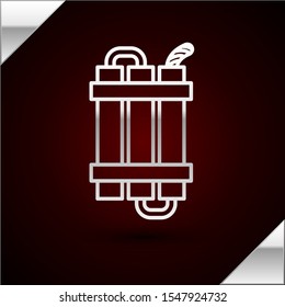 Silver line Detonate dynamite bomb stick and timer clock icon isolated on dark red background. Time bomb - explosion danger concept.  Vector Illustration