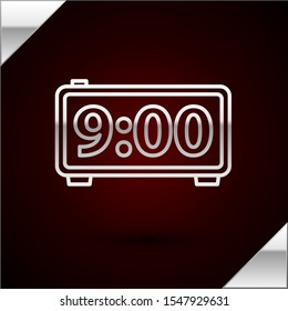 Silver line Digital alarm clock icon isolated on dark red background. Electronic watch alarm clock. Time icon.  Vector Illustration