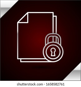 Silver line Document and lock icon isolated on dark red background. File format and padlock. Security, safety, protection concept.  Vector Illustration