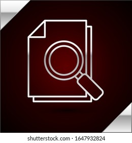 Documento de línea plateada con icono de búsqueda aislado en fondo rojo oscuro. Icono de archivo y lupa. Signo de investigación analítica.  Ilustración vectorial