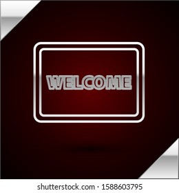 Silver line Doormat with the text Welcome icon isolated on dark red background. Welcome mat sign.  Vector Illustration