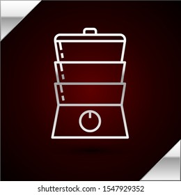 Silver line Double boiler icon isolated on dark red background.  Vector Illustration
