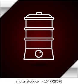 Silver line Double boiler icon isolated on dark red background.  Vector Illustration