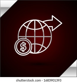 Planeta de la línea plateada Tierra con símbolo del dólar aislado en fondo rojo oscuro. Signo mundial o terrestre. Símbolo global de internet. Formas geométricas. Ilustración vectorial