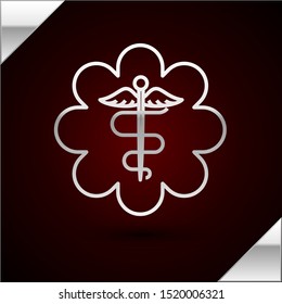 Silver line Emergency star - medical symbol Caduceus snake with stick icon isolated on dark red background. Star of Life.  Vector Illustration