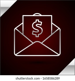 Sobre de línea plateada con símbolo de moneda en dólares aislado sobre fondo rojo oscuro. Aumento de sueldo, nómina de dinero, ingresos de compensación.  Ilustración vectorial