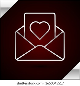 Silver line Envelope with Valentine heart icon isolated on dark red background. Message love. Letter love and romance.  Vector Illustration