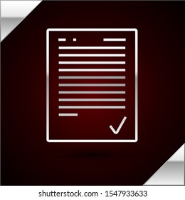 Silver line Exam sheet with check mark icon isolated on dark red background. Test paper, exam, or survey concept. School test or exam.  Vector Illustration