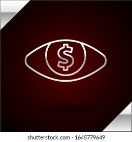 Silver line Eye with dollar icon isolated on dark red background.  Vector Illustration