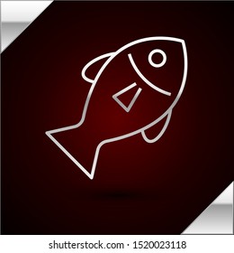 Silver line Fish icon isolated on dark red background.  Vector Illustration