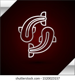 Silver line Fish icon isolated on dark red background.  Vector Illustration