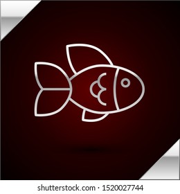 Silver line Fish icon isolated on dark red background.  Vector Illustration
