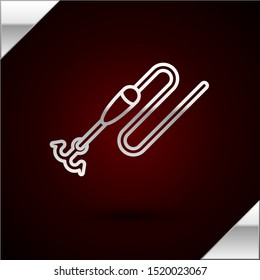 Silver line Fishing line with hook and float icon isolated on dark red background. Fishing tackle.  Vector Illustration