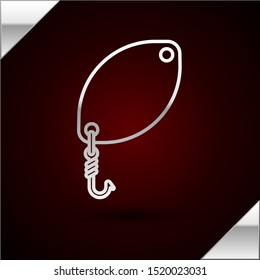 Silver line Fishing spoon icon isolated on dark red background. Fishing baits in shape of fish. Fishing tackle.  Vector Illustration