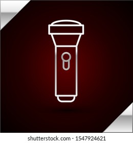 Silver line Flashlight icon isolated on dark red background.  Vector Illustration