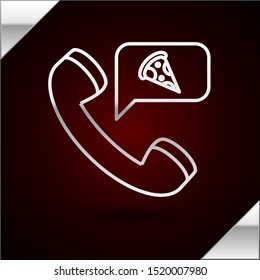 Silver line Food ordering pizza icon isolated on dark red background. Order by mobile phone. Restaurant food delivery concept.  Vector Illustration