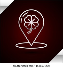 Silver line Four leaf clover icon isolated on dark red background. Happy Saint Patrick day.  Vector Illustration