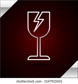 Silver line Fragile broken glass symbol for delivery boxes icon isolated on dark red background.  Vector Illustration