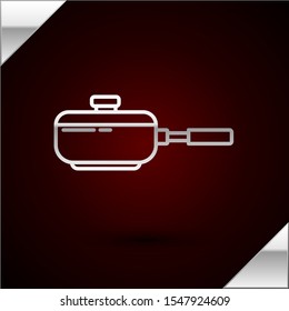 Silver line Frying pan icon isolated on dark red background. Fry or roast food symbol.  Vector Illustration