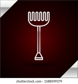 Silver line Garden rake icon isolated on dark red background. Tool for horticulture, agriculture, farming. Ground cultivator. Housekeeping equipment.  Vector Illustration