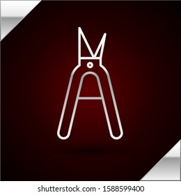 Silver line Gardening handmade scissors for trimming icon isolated on dark red background. Pruning shears with wooden handles.  Vector Illustration
