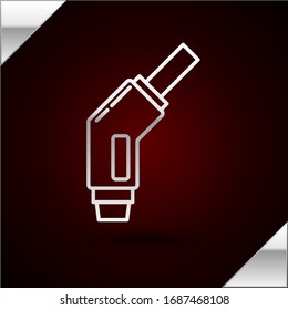 Silver line Gasoline pump nozzle icon isolated on dark red background. Fuel pump petrol station. Refuel service sign. Gas station icon.  Vector Illustration