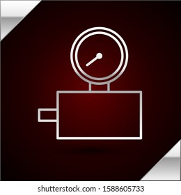 Silver line Gauge scale icon isolated on dark red background. Satisfaction, temperature, manometer, risk, rating, performance, speed tachometer.  Vector Illustration