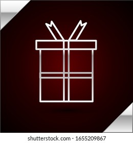 Silver line Gift box icon isolated on dark red background. Happy Birthday.  Vector Illustration