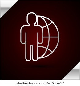 Silver line Globe and people icon isolated on dark red background. Global business symbol. Social network icon.  Vector Illustration