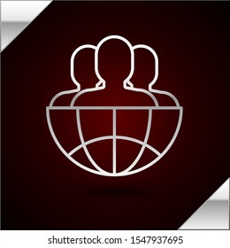 Silver line Globe and people icon isolated on dark red background. Global business symbol. Social network icon.  Vector Illustration