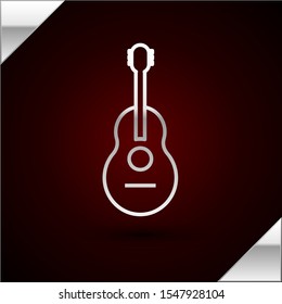 Silver line Guitar icon isolated on dark red background. Acoustic guitar. String musical instrument.  Vector Illustration