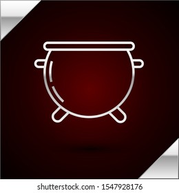 Silver line Halloween witch cauldron icon isolated on dark red background. Happy Halloween party.  Vector Illustration
